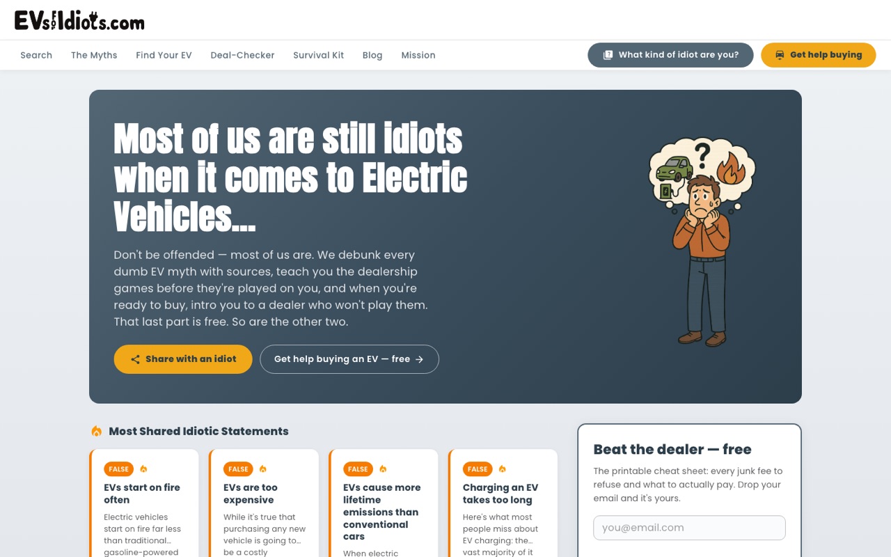 EVs for Idiots homepage with shareable myth debunk cards