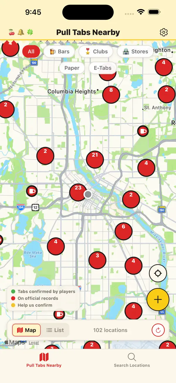 Pull Tab Finder map view with venue pins